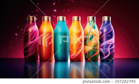 Advertisiment shot of shampoo packaging presented as a no brand mockup with multicolored studio light on dark ackground 107282745