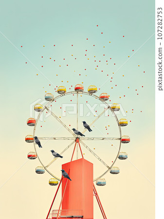 Minimalistic collage of ferris wheel with colored wagonson the roof of a skyscraper and blue sky. Surreal collage-style paintings Minimalistic collage of ferris wheel with colored wagonson the roof of a skyscraper and blue sky. Surreal collage-style paintings 107282753