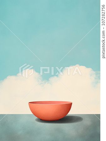 Minimalistic collage of an empty red bown and clowds in the sky in the background. Surreal collage-style paintings Minimalistic collage of an empty red bown and clowds in the sky in the background. Surreal collage-style paintings 107282756