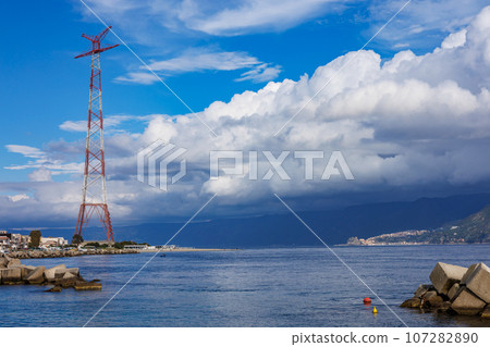 Pylon of the Torre Faro lighthouse on the island of Sicily Pylon of the Torre Faro lighthouse on the island of Sicily 107282890