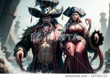 octopus and Cute pirate girl on treasure island illustration octopus and Cute pirate girl on treasure island illustration 107283115
