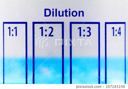 Close up a dilution ratio label of concentrated liquid chemicals on plastic bottles. Close up a dilution ratio label of concentrated liquid chemicals on plastic bottles. 107283148