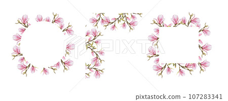 Floral fame set with watercolor pink magnolias flowers, buds and leaves Hand painted on white background illustration. Isolated. Design kit for wedding invitations and greeting cards or postcards Floral fame set with watercolor pink magnolias flowers, buds and leaves Hand painted on white background illustration. Isolated. Design kit for wedding invitations and greeting cards or postcards 107283341