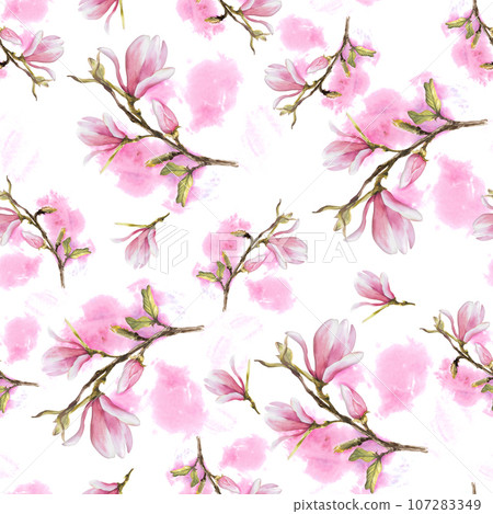 Flower Watercolor Seamless Pattern. Hand painted illustration of purple Magnolia. isolated white background with pink watercolor stains. for your design, textile, wrapping paper, wallpaper, cover. Flower Watercolor Seamless Pattern. Hand painted illustration of purple Magnolia. isolated white background with pink watercolor stains. for your design, textile, wrapping paper, wallpaper, cover. 107283349
