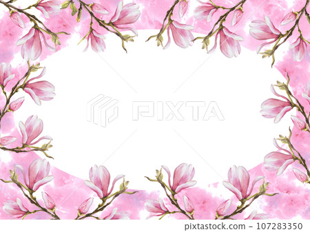 Floral frame with watercolor pink magnolias bough flowers and buds. Hand painted illustration on white background with pink watercolor stains. Design for wedding invitations and greeting cards 107283350