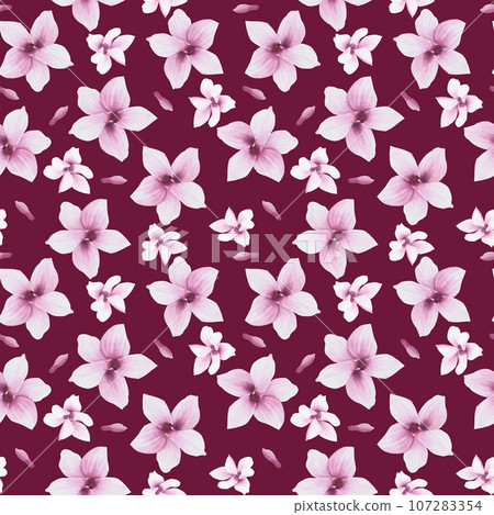 Flower Watercolor Seamless Pattern. Hand painted illustration of blooming purple Magnolia.Pattern on isolated on dark background for your design, textile, wrapping paper, wallpaper, cover. 107283354