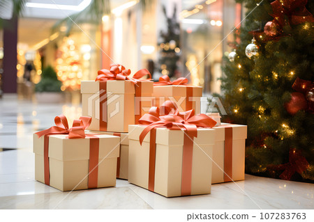 Pile, stack, heap of Christmas presents near fir tree on shopping center floor Pile, stack, heap of Christmas presents near fir tree on shopping center floor 107283763