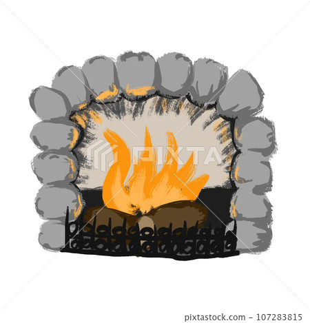 Hand drawn illsutration of grey stone fireplace with orange burning fire flames. Rustic cabin winter christmas design element, cozy architecture interior hut element, domestic chimney. Hand drawn illsutration of grey stone fireplace with orange burning fire flames. Rustic cabin winter christmas design element, cozy architecture interior hut element, domestic chimney. 107283815