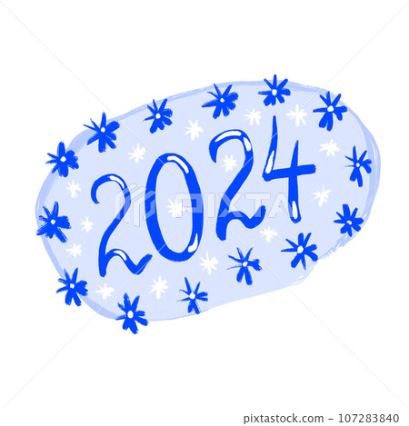 Hand drawn illustration with 2024 oval blue sticker, winter celebration new year print. Text hand drawn digits background, banner with snowflakes doodle cartoon style, lettering icon. 107283840