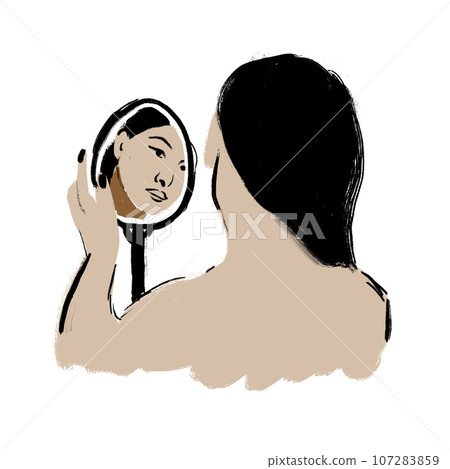 Hand drawn illustration of woman looking at mirror, beige black cartoon doodle. Self-care self reflection doubts, beuaty shape body, young female face neck hair, attractive lady print. 107283859
