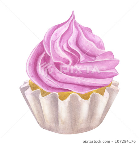 Cupcake muffin with pink cream. Sweet food clipart. Hand drawn watercolor illustration isolated on white background. Gender reveal party, baby shower. For cafe menu pastry shop 107284176