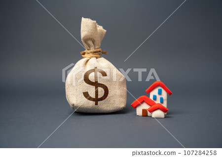 Houses and dollar money bag. Real estate investment. Make a deal. Property Insurance. Taxes. Community budget. Financial support. Housing stock and infrastructure. Profit. 107284258