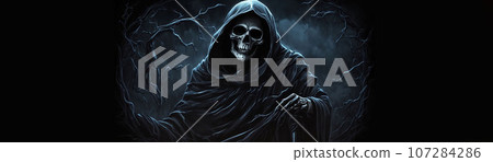 Grim reaper Haunted over dark misty background with copy space Vivid Halloween wallpaper background Grim reaper Haunted over dark misty background with copy space Vivid Halloween wallpaper background 107284286