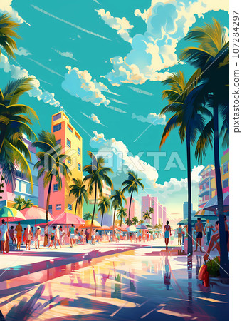 Illustration of a sunny day in an American resort town 107284297