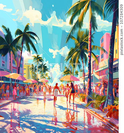 Illustration of a sunny day in an American resort town 107284309
