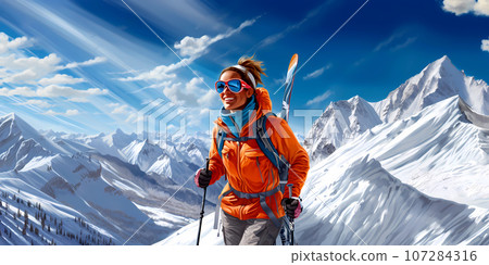 Illustration of a beautiful winter holiday in the Alps 107284316