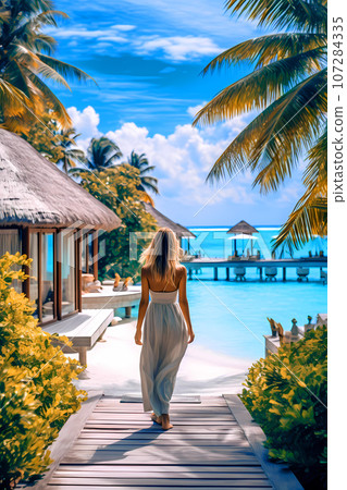 Illustration of a beautiful woman on vacation on a tropical island 107284335