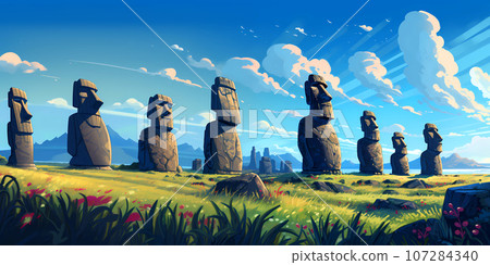 Illustration of the beautiful view of the huge statues on Easter Island, Chile Illustration of the beautiful view of the huge statues on Easter Island, Chile 107284340