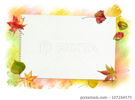 Autumn color pastel background and sketchbook, with bright fall leaves. 107284575