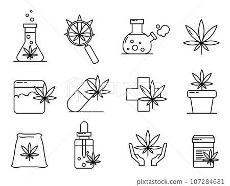 Medical marijuana. Cannabis related line icon set. Cannabidiol linear icons. Marijuanas outline vector signs and symbols. Vector illustration EPS10 107284681
