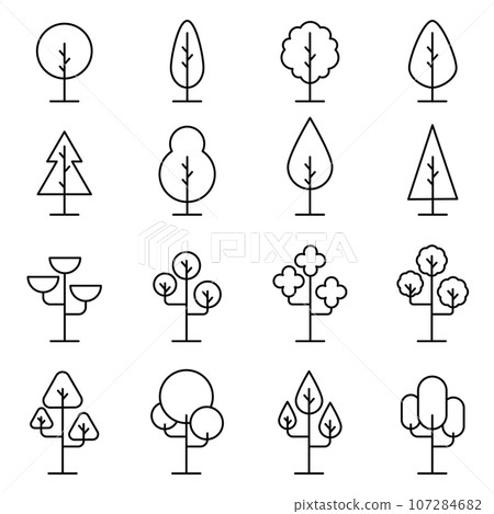 Tree Vector Line Icon Set. Naturally beautiful symbol, wooden trunk and outline branches for map. Vector illustration. Editable stroke. 107284682