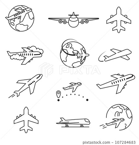 Airport Line Icons Editable Stroke. Plane icons set, passenger airplane, aircraft thin line design. Editable move. 107284683