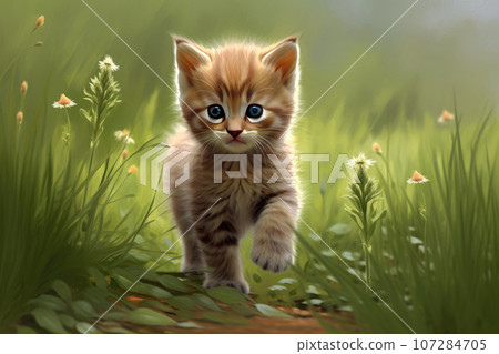 Funny playful red ginger curious tabby kitten walks on grass with flowers outdoors in the garden and looks around. Pet care, healthy eating concept. Funny playful red ginger curious tabby kitten walks on grass with flowers outdoors in the garden and looks around. Pet care, healthy eating concept. 107284705