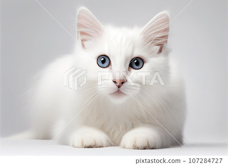 Adult white cat lies and looks at the camera on a light background. Pet healts concept. Adult white cat lies and looks at the camera on a light background. Pet healts concept. 107284727
