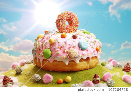 Sweets background. Donuts and decorations. Background with place for text Sweets background. Donuts and decorations. Background with place for text 107284728