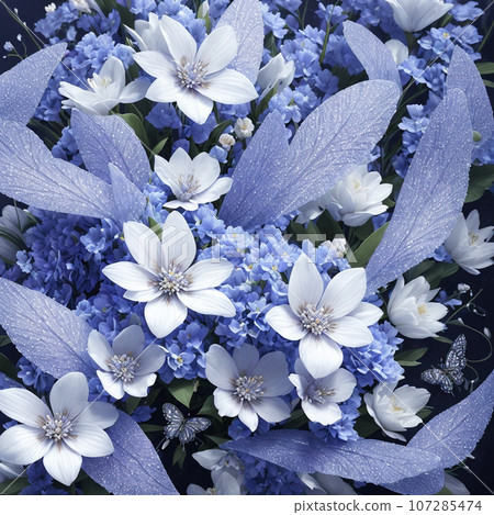 Flower realistic seamless butterfly abstract pattern. floral random background blue white colour. modern design decoration 107285474