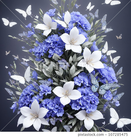 Flower realistic seamless butterfly abstract pattern. floral random background blue white colour. modern design decoration 107285475