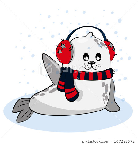 Vector cartoon cute christmas seal on winter day 107285572