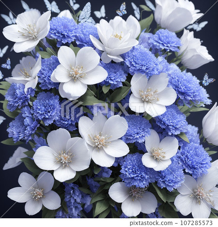 Flower realistic seamless butterfly abstract pattern. floral random background blue white colour. modern design decoration Flower realistic seamless butterfly abstract pattern. floral random background blue white colour. modern design decoration 107285573