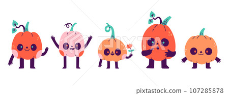 Halloween holiday cute character pumpkin set. Childish print for cards, stickers and party invitations. Vector 107285878