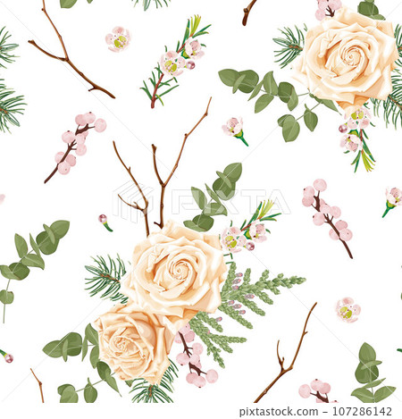 Christmas seamless pattern with beige roses, pink berries and flowers, thuja, eucalyptus, fir tree. Wedding decor. 107286142