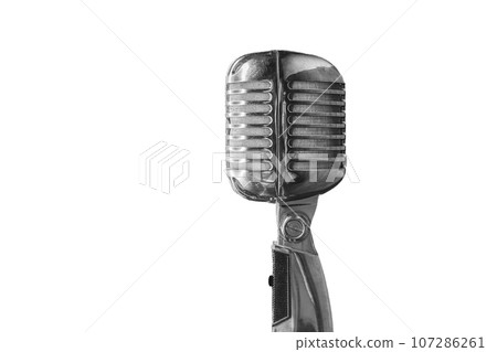 Wired Dynamic Retro Microphone Silver Metal Color On White Background Isolated Wired Dynamic Retro Microphone Silver Metal Color On White Background Isolated 107286261