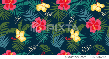 Tropical flower pattern seamless, silhouette of blooming, hand drawn botanical, Floral leaf for spring and Summer time, natural ornaments for textile, fabric, wallpaper, background design. Tropical flower pattern seamless, silhouette of blooming, hand drawn botanical, Floral leaf for spring and Summer time, natural ornaments for textile, fabric, wallpaper, background design. 107286284