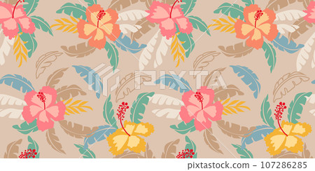 Tropical flower pattern seamless, silhouette of blooming, hand drawn botanical, Floral leaf for spring and Summer time, natural ornaments for textile, fabric, wallpaper, background design. 107286285