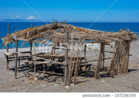 Abandoned Beach bar on Spring beach in Caldera, Sicily 107286350