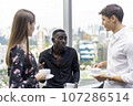 Happiness business team Colleagues talking talking and discuss in cafe during break in restaurant. 107286514