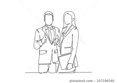 Single one line drawing group of young happy couple businessman and businesswoman standing up together with thumb up gesture. Business teamwork. Continuous line draw design graphic vector illustration Single one line drawing group of young happy couple businessman and businesswoman standing up together with thumb up gesture. Business teamwork. Continuous line draw design graphic vector illustration 107286540