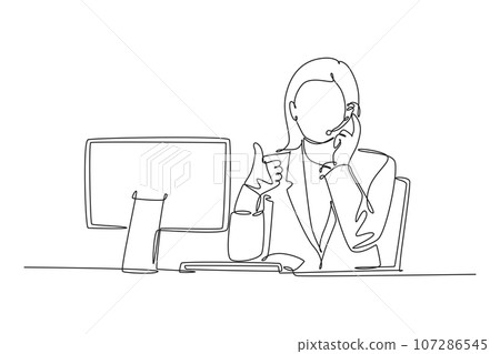 Single one line drawing young female call center worker sitting in front of computer, answering phone from customer. Customer service business. Continuous line draw design graphic vector illustration Single one line drawing young female call center worker sitting in front of computer, answering phone from customer. Customer service business. Continuous line draw design graphic vector illustration 107286545