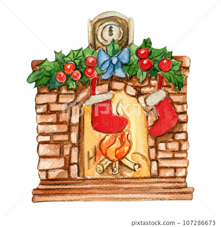 Fireplace with yellow light from it and socks for Santa. Watercolor Christmas hand drawn illustration for cards, backgrounds, scrapbooking and your design. Perfect for wedding invitation. 107286673