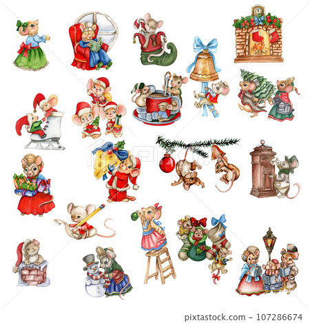 Watercolor Christmas mice in cartoon style. Watercolor Christmas hand drawn illustration for cards, backgrounds, scrapbooking and your design. Perfect for wedding invitation. Watercolor Christmas mice in cartoon style. Watercolor Christmas hand drawn illustration for cards, backgrounds, scrapbooking and your design. Perfect for wedding invitation. 107286674