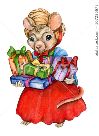 Watercolor Christmas mice in cartoon style. Watercolor Christmas hand drawn illustration for cards, backgrounds, scrapbooking and your design. Perfect for wedding invitation. 107286675