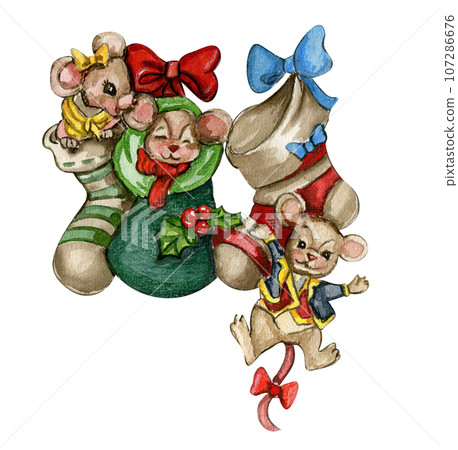 Watercolor Christmas mice in cartoon style. Watercolor Christmas hand drawn illustration for cards, backgrounds, scrapbooking and your design. Perfect for wedding invitation. 107286676
