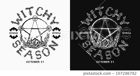 Circular label with pentagram sign, signs of the elements, text Witchy season. Magic wiccan illustration, symbol of witchcraft, sorcery. Vintage style. Circular label with pentagram sign, signs of the elements, text Witchy season. Magic wiccan illustration, symbol of witchcraft, sorcery. Vintage style. 107286782