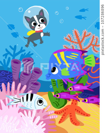 Children illustration with underwater world. Fish cartoon characters. Perfect for children activity book, picture book. Dog underwater. Children poster with cartoon underwater scene. Vector Children illustration with underwater world. Fish cartoon characters. Perfect for children activity book, picture book. Dog underwater. Children poster with cartoon underwater scene. Vector 107286896