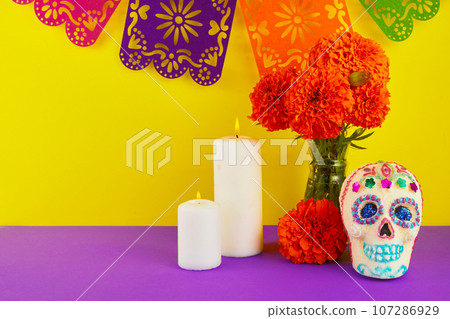 Day of the dead. Dia De Los Muertos celebration background. Sugar Skull, marigolds or cempasuchil flowers. 107286929