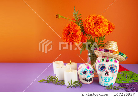 Day of the dead. Dia De Los Muertos celebration background. Sugar Skull, marigolds or cempasuchil flowers. Day of the dead. Dia De Los Muertos celebration background. Sugar Skull, marigolds or cempasuchil flowers. 107286937